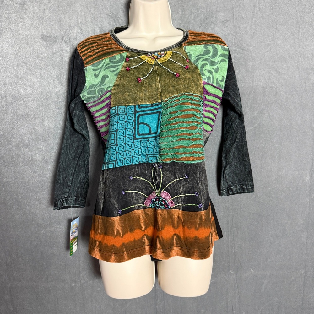 New Rising International Women's Top S Patchwork Embroidered Boho Hippie Nepal